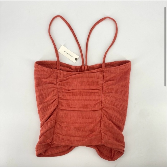 Anthropologie Pilcro Coral Ribbed Halter Ruched Crop Top - Picture 3 of 6